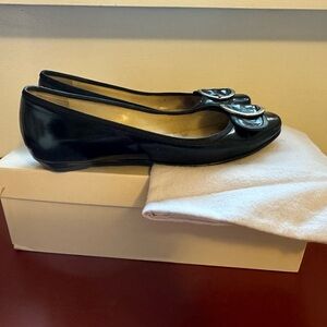 Jimmy Choo Black Patent Flats with Logo Buckle. Size 37.5.  Excellent condition!
